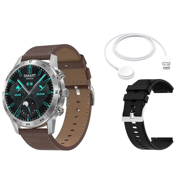 Часовник Smartwatch ISP LikeSmart™ OneWatch Plus, Дисплей 1,45" IPS Retina, Bluetooth повикване, GPS проследяване, Оксиметър, Известия за обаждания и социални мрежи, Мониторинг на сърдечната честота и кръвното налягане, Кожена каишка, Сребрист