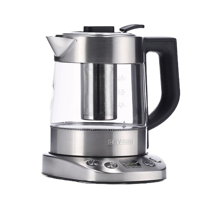 Severin Elektromos vízforraló, tea áztatóval, 1 literes üvegedény, 5 program teakészítéshez, 2200 W, gyors fűtés, kezelőpanel, Melegen tartás funkció, hangjelzés, rozsdamentes acél forrázó, rozsdamentes acél