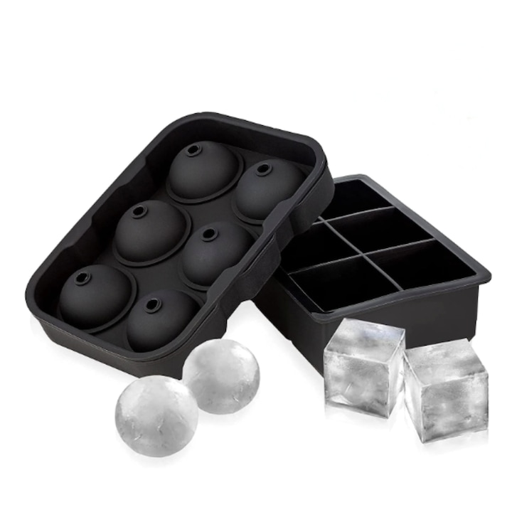 Set 2 tavi cuburi gheata Lemaro®, Silicon, Model sfera/cub, Negru