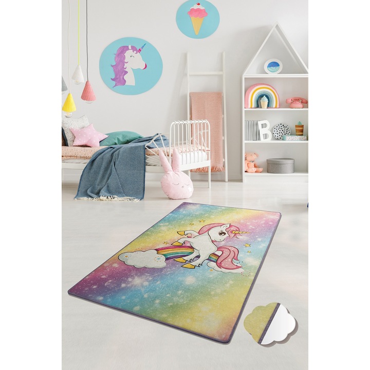 Килим за детска стая Asi Home Unicorn, 100 x 160 см, кадифе, многоцветен