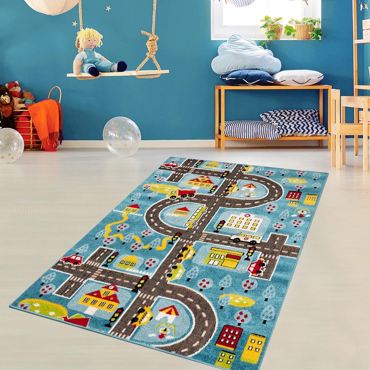 Asi Home Traffic Килим за детска стая, 160 x 230 см, полипропилен, син, сив, жълт, червен, зелен