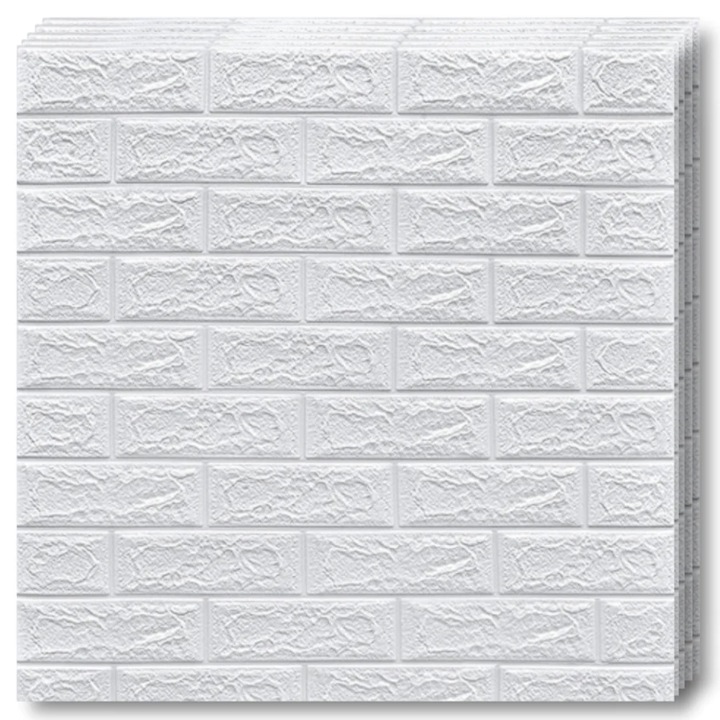 Set 10x Tapet Caramida 3D Teno®, suprafata acoperire 5.3 mp, autoadeziv, waterproof, usor de montat, design modern, 70x77 cm, alb