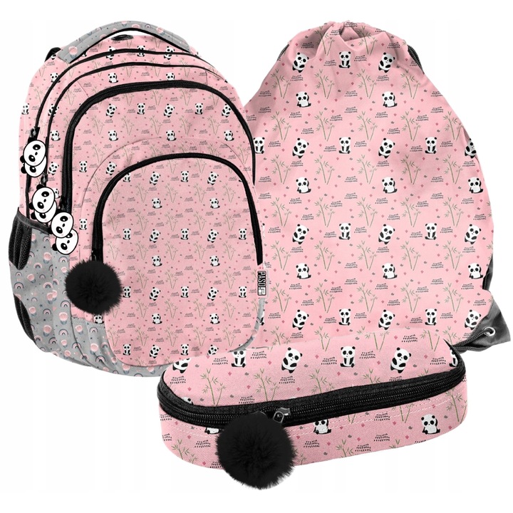 Rucsac ergonomic pentru scoala, Panda, penar, sac pentru pantofi, multicolor
