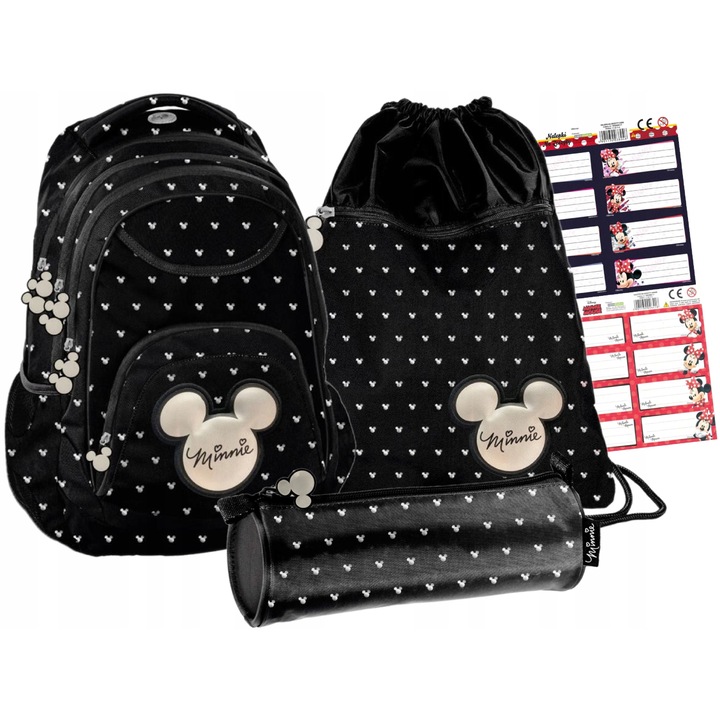 Set rucsac scoala, Minnie Mouse, penar, sac pentru pantofi, autocolante pentru caiete, multicolor