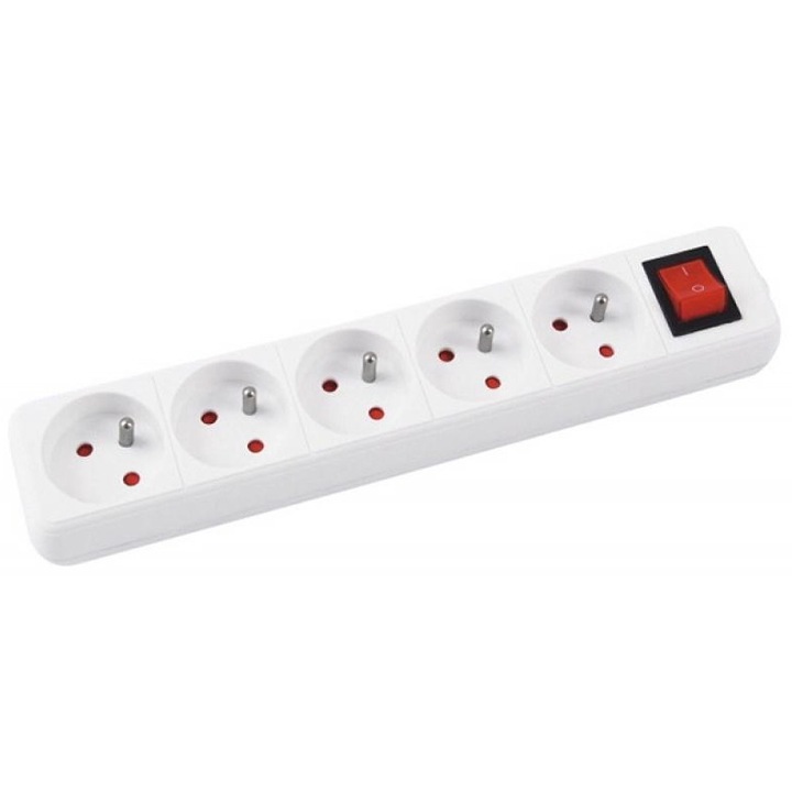 Prelungitor OFFICE Products cu intrerupator, 5 prize si cablu de 3 m, impamantare, alb