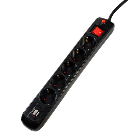 Prelungitor SPACER, Schuko x 5, conectare prin Schuko (T), USB x 2, cablu 1.8 m, 16 A, max. 3500W, protectie supratensiune, negru, „PP-5-18B-USB”