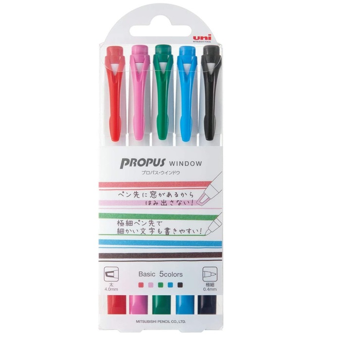 Комплект от 5 маркера Uni Propus за прозорци, двоен връх, многоцветни