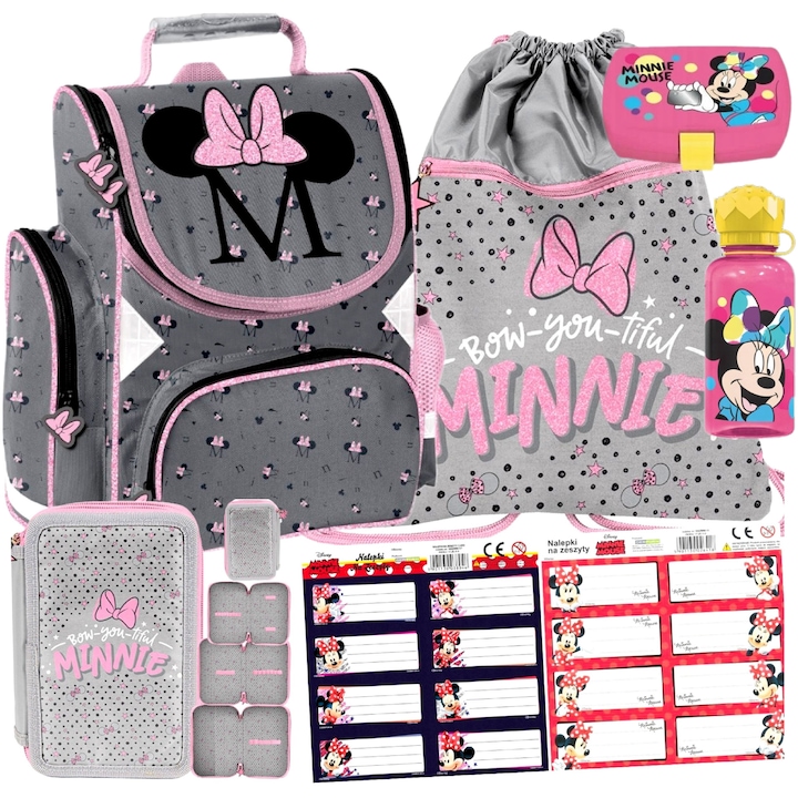 Minnie egér iskolatáska szett, tolltartó, tornazsák, füzetmatricák, uzsonnás doboz, kulacs