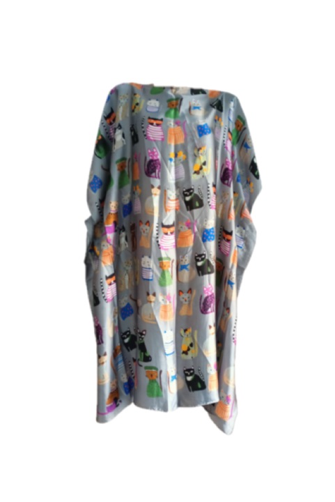 Rochie Plaja tip Tunica, Imprimeu Inspirat din Lumea Animalelor, Pisici, Vascoza si Matase, One Size, Gri