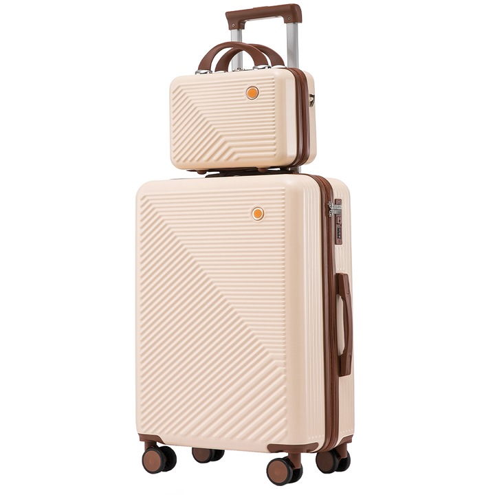 Комплект куфар с козметична чанта, Quasar & Co., TSA шифър, 4 колела 360 градуса, телескопична дръжка, 55 x 39 x 23 cm / 22 x 29 x 15 cm, ABS, крем