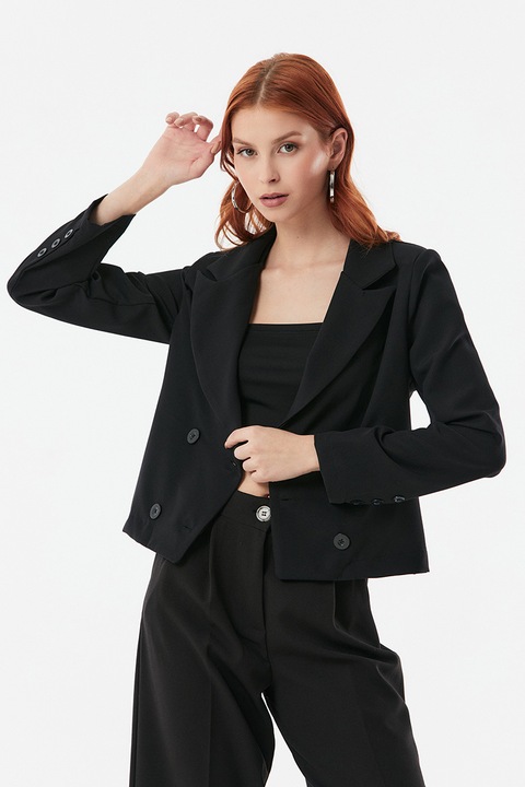 Sacou dama blazer negru scurt cu guler dublu si 2 randuri de nasturi, marimea L-XL INTL