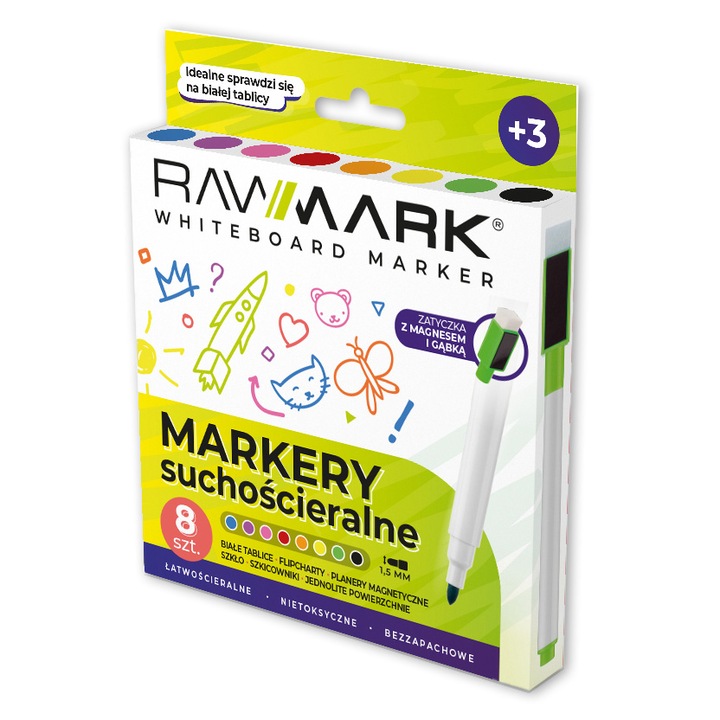 Комплект от 8 маркера, сухо изтриване, 8 цвята, Rawmark