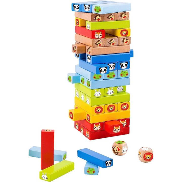 Joc turnul instabil Jenga, Montessori, din lemn, cu Animale, 51 piese, E-Toy®