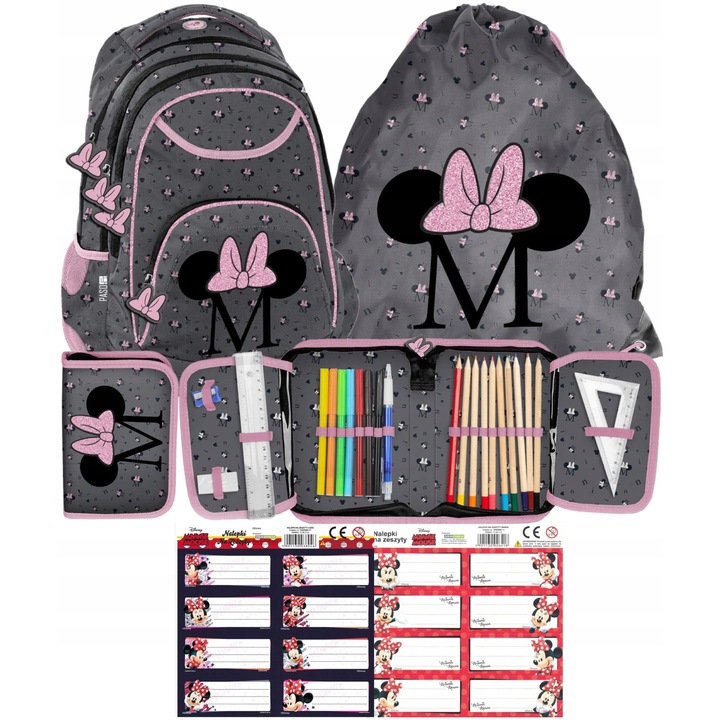 Set Minnie Mouse rucsac scoala, penar, sac pentru pantofi, autocolante pentru caiete