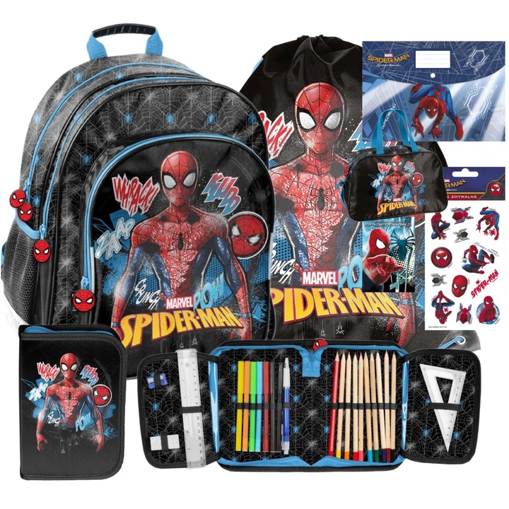 Hátizsák szett iskolásoknak, Pókember PÓKEMBER, tolltartó, cipőzsák, sporttáska, füzet, A4 mappa, tetoválások