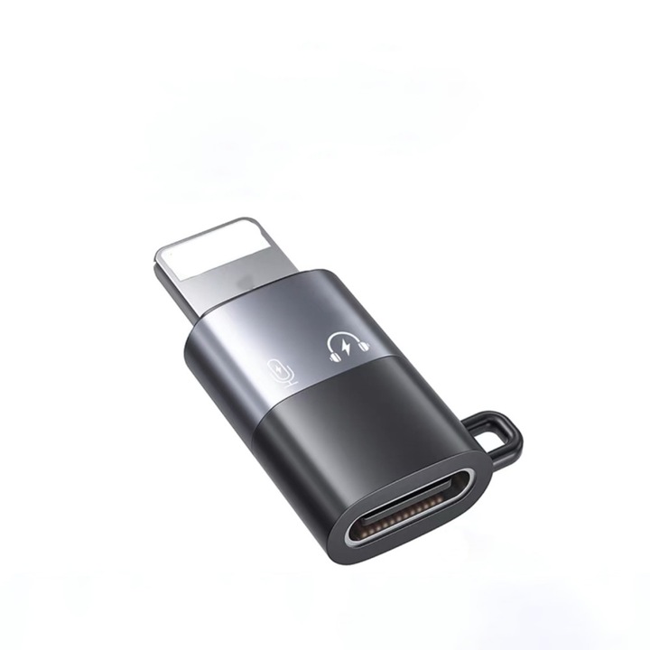 OTG átalakitó adapter, USB-C->Lightning, fülhallgatóval és mikrofonnal alkamazható, ezüst-fekete