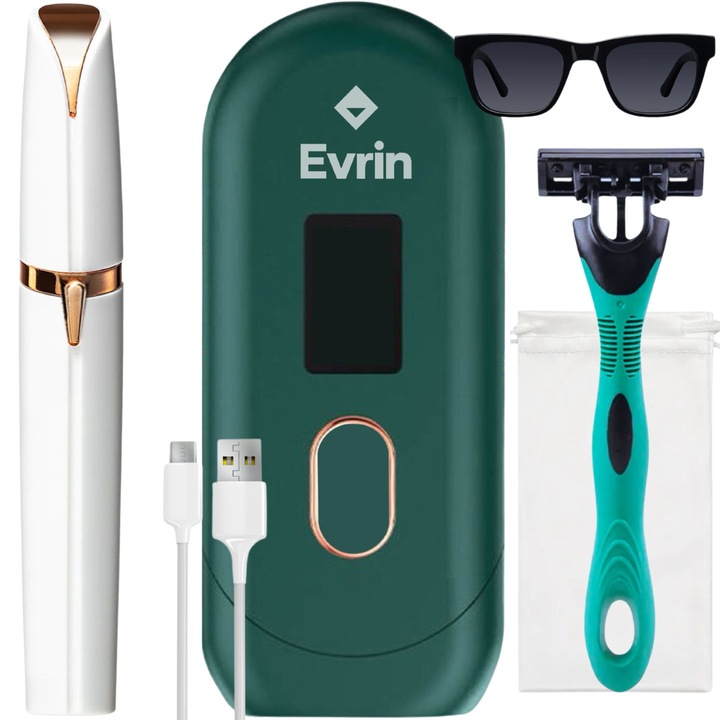 Evrin Hordozható Epilátor, LED kijelző, 5 szint, intelligens bőrérzékelő, 999 999 impulzus, IPL végleges szőrtelenítés fájdalom nélkül, automatikus üzemmód, precíziós fej, védőburkolat és védőszemüveg