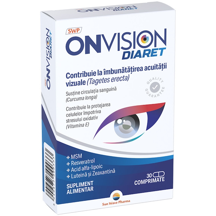 Onvision Diaret, Sun Wave Pharma, MSM, Curcuma, luteina, zexantina, pentru îmbunătățirea acuității vizuale, vitamina E, 30 comprimate