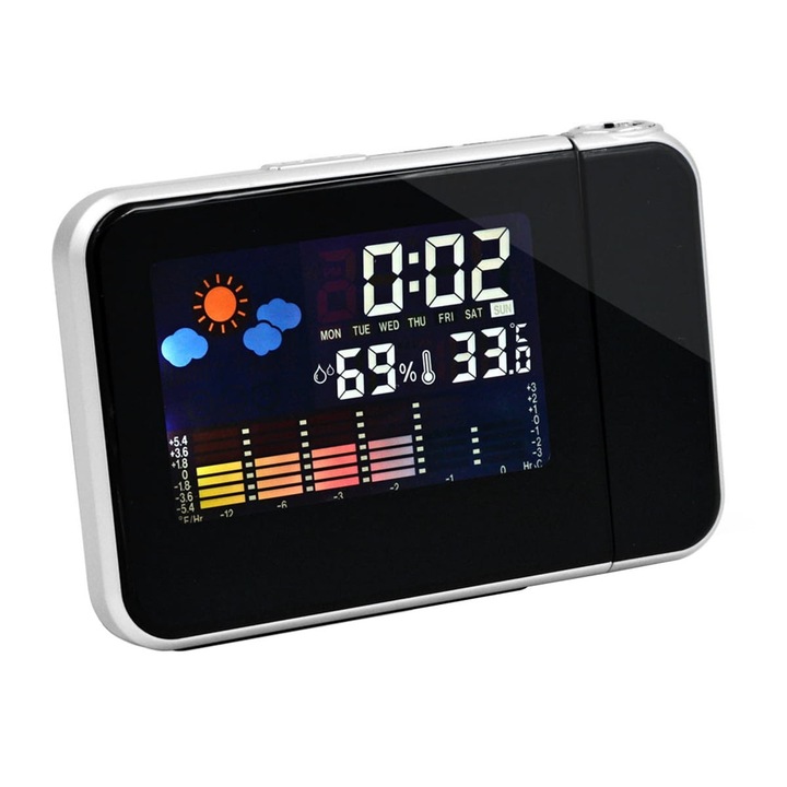 Ceas cu proiectie, alarma si statie meteo, ZakupyTV, Display LCD 3.7'', 15 x 11 cm, Negru