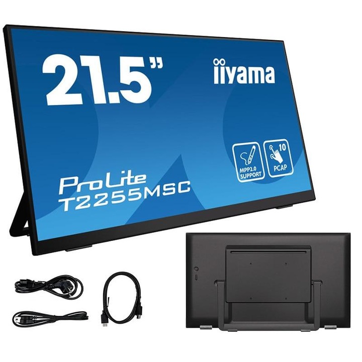 Monitor IPS LED Iiyama 21.5" T2255MSC-B1, Full HD (1920 x 1080), HDMI, DisplayPort, Touchscreen, Negru