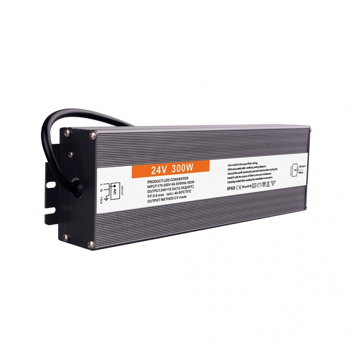 LED драйвър Lightex, 300W, 24V, 12.5A, 230x80x40mm, 170-250V, AC, IP67, Алуминий