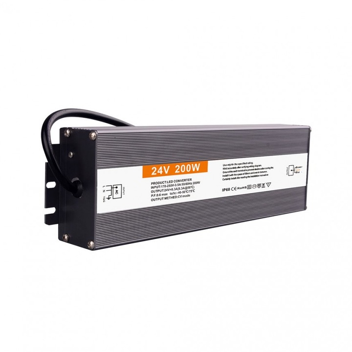 LED драйвър Lightex, 200W, 24V, 8.3A, 210x65x31mm, 170-250V, AC IP67, Алуминий