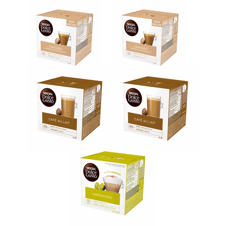 Капсули NESCAFE Dolce Gusto, 5 кутии, 3 вкуса (Cortado, Cafe Au Lait, Cappuccino)