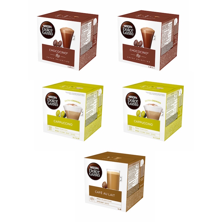 Капсули NESCAFE Dolce Gusto, 5 кутии, 3 вкуса (Cappuccino, Chococino, Cafe Au Lait)