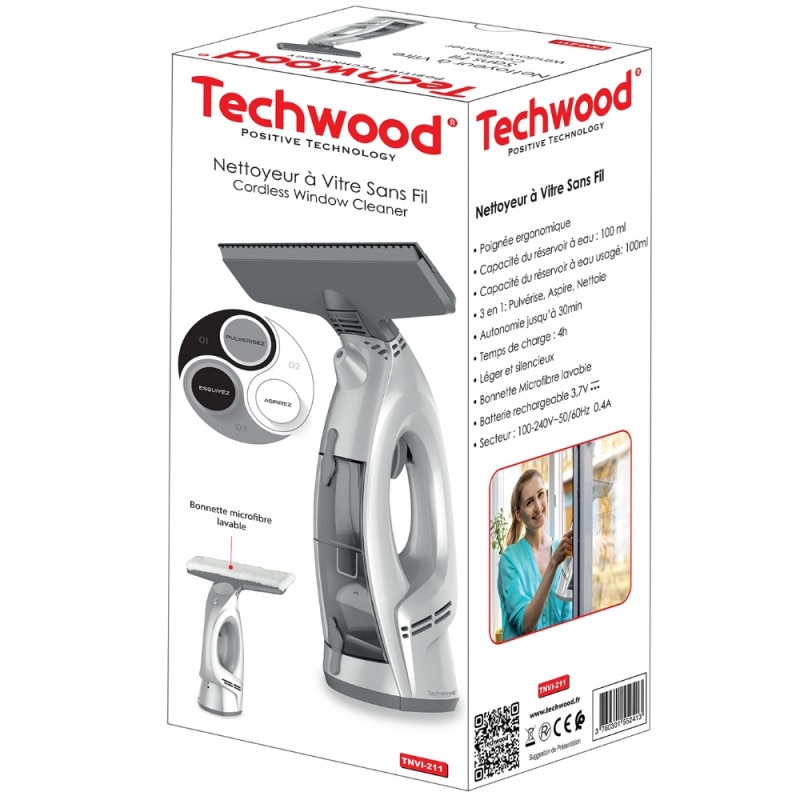 Aspirator curatare geamuri 3in1 Techwood TNVI-211, 3.7 V, 100 ml., Laveta microfibra, Alb/Gri