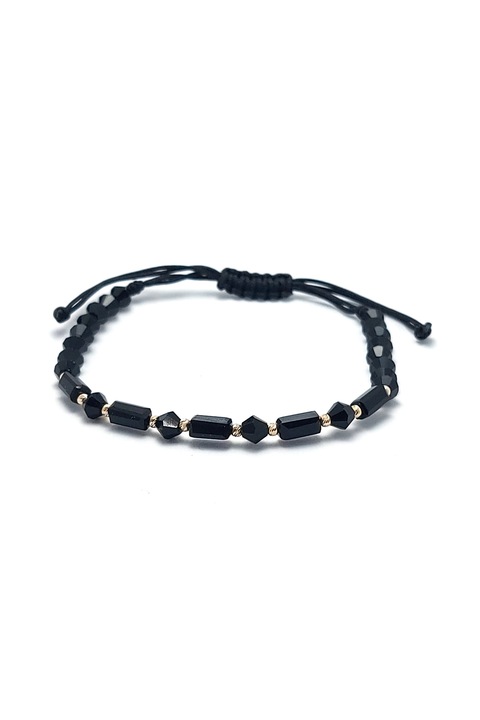 Bratara cu snur, cristale negre combinate si 10 bilute striate 2mm din aur 14k, dimensiune reglabila