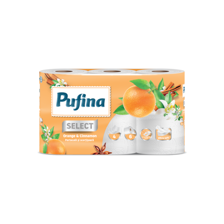 Pufina toalettpapír, Bolyhos, narancs és fahéj illatú, 6 tekercs, 4 réteg