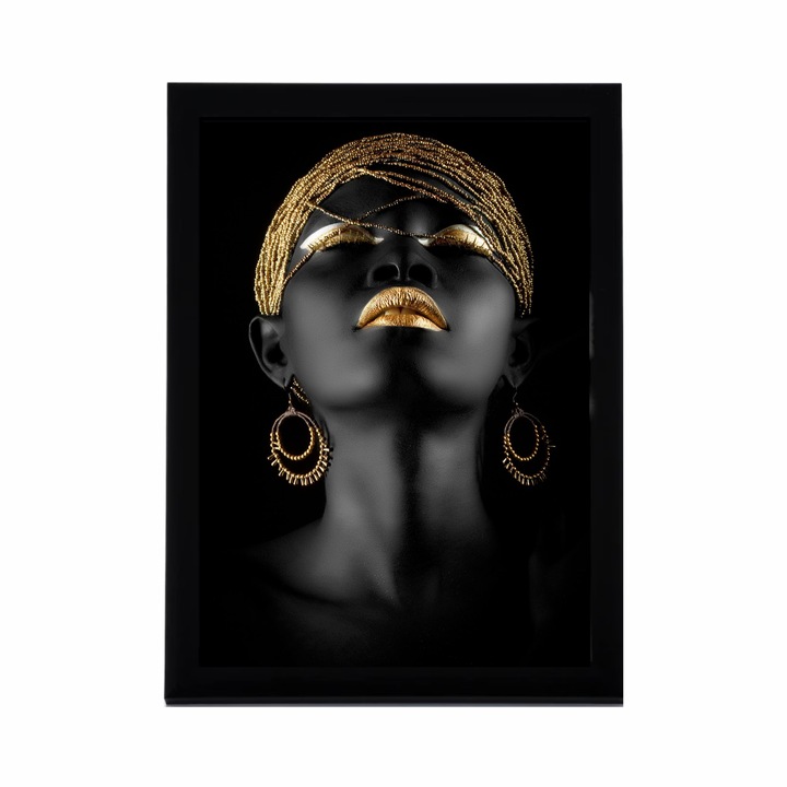 Картина на платно с рамка, Златни устни, 20 x 30 см, Grelys Print, дървена рамка, защита на изображението, Многоцветен