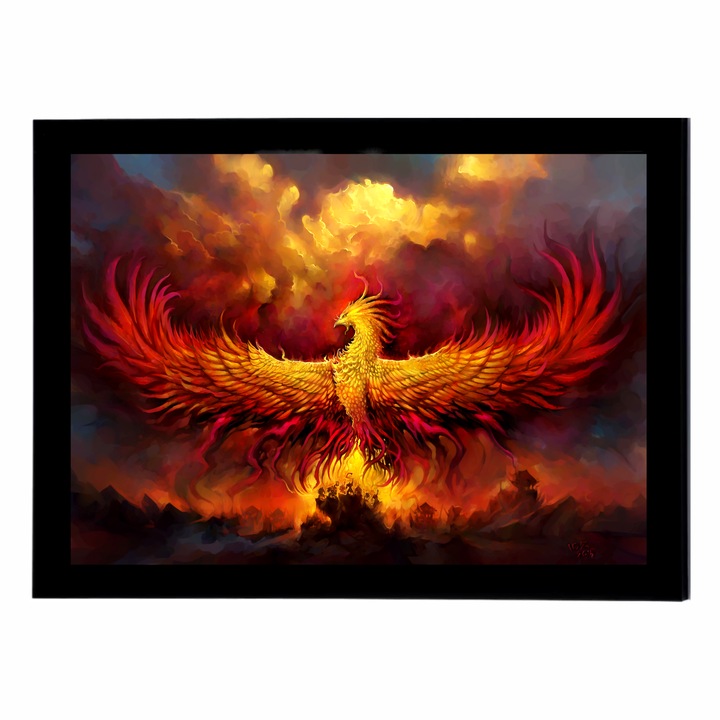 Картина на платно с рамка, Птица Феникс, Пламъци, 30 x 20 см, Grelys Print, дървена рамка, защита на изображението, Многоцветен