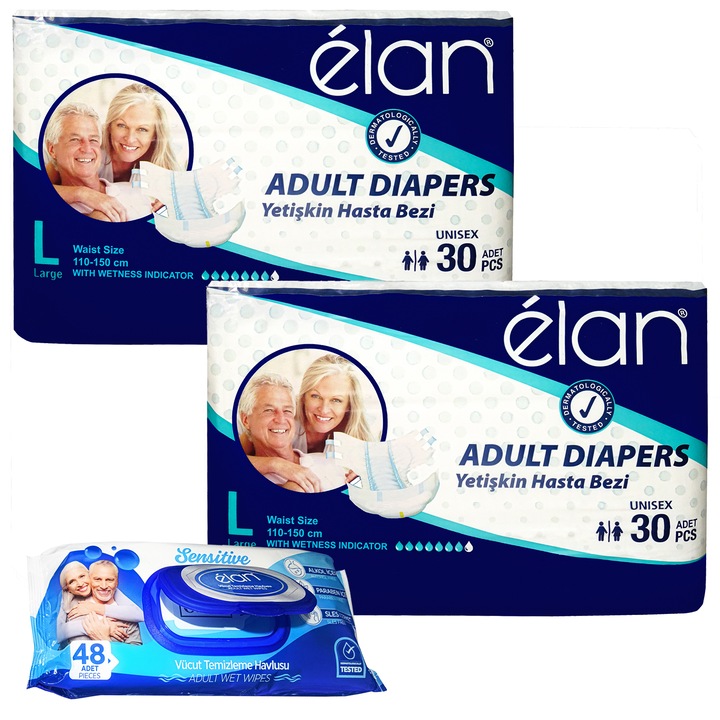 Elan felnőtt pelenka csomag, L-es méret, derékbőség 110-150 cm, 60 db és Elan felnőtt nedves törlőkendő 48 db