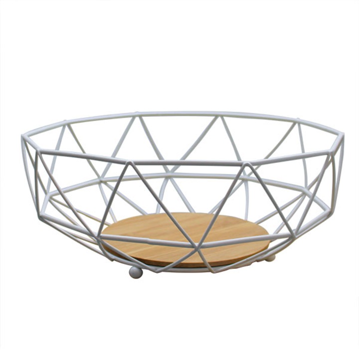Cos pentru fructe, Frandis, diametru 26 cm, structura metal cu fund din bambus, alb/natur, model triunghi 041210