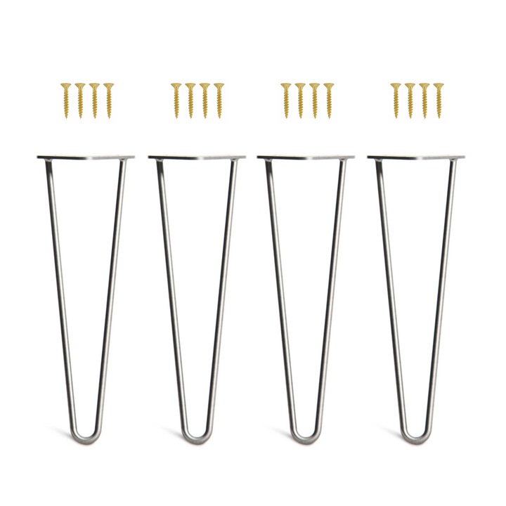 Set 4 picioare mobilier Hairpin, vopsite electrostatic, inaltime 45 cm, 2 brate, profil diametru 12 mm, otel, argintiu, kit montaj inclus
