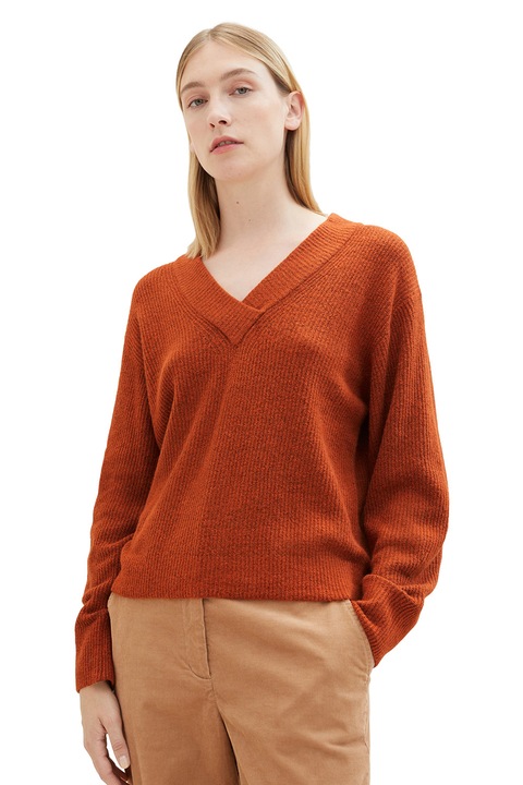Tom Tailor, Pulover cu decolteu in V si maneci cazute, Portocaliu melange inchis, XS