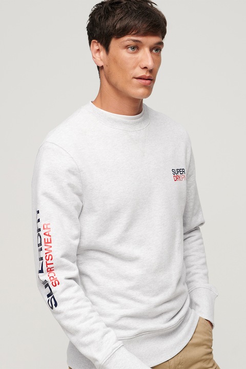 SUPERDRY, Свободен пуловер с лого, Светлосив меланж