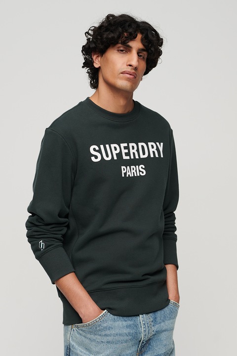 SUPERDRY, Свободен суитшърт Luxury с лого, Бял/Бледозелен