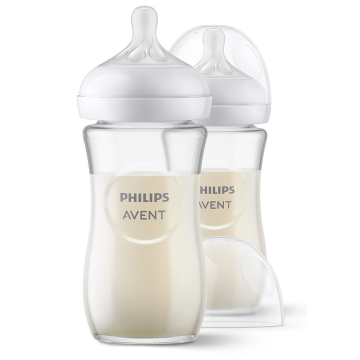 Set de 2 biberoane de sticla borosilicata pentru nou-nascuti Philips Avent Natural Response, SCY933/02, 240 ml, tetina debit 3, 1 luna +