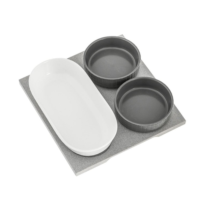 Set servire aperitiv 3 boluri din portelan, suport lemn, Yin&Yang, Villa Altachiara, 21X21 cm