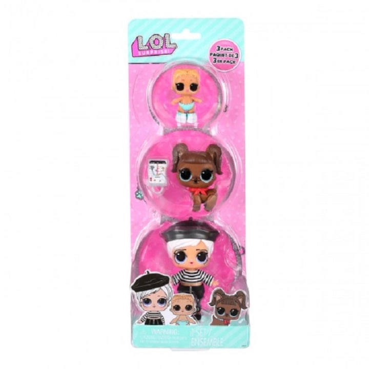 Set 3 figurine L.O.L. Surprise! seria OPP Tot &plus; Pet &plus; Lil Sis −Beatnik Babe &plus; Darling Doggie &plus; Lil Kicks
