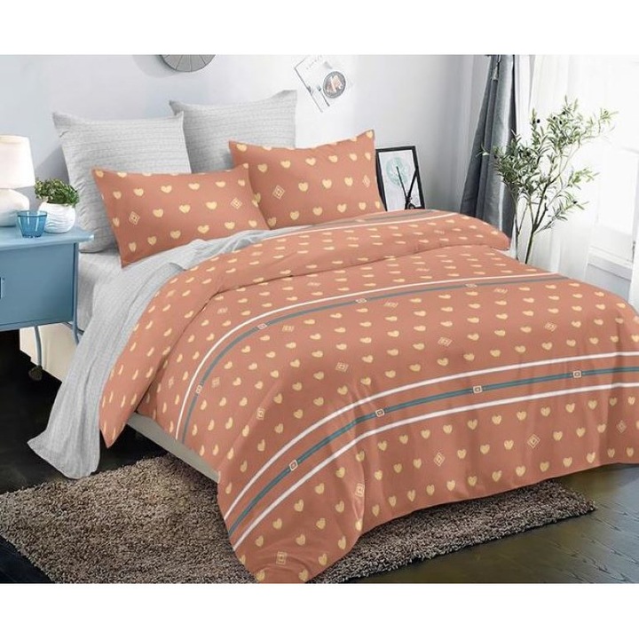 Lenjerie de pat dublu, cearsaf cu elastic, Bumbac, 6 piese, 2 persoane, imprimeu Inimioare, 180x200cm, Cafea cu Lapte