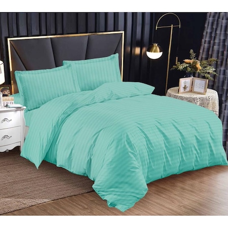 Lenjerie de pat dublu, cearsaf cu elastic, Damasc, 4 piese, 1 persoana, Uni, 140x200cm, Turcoaz Deschis