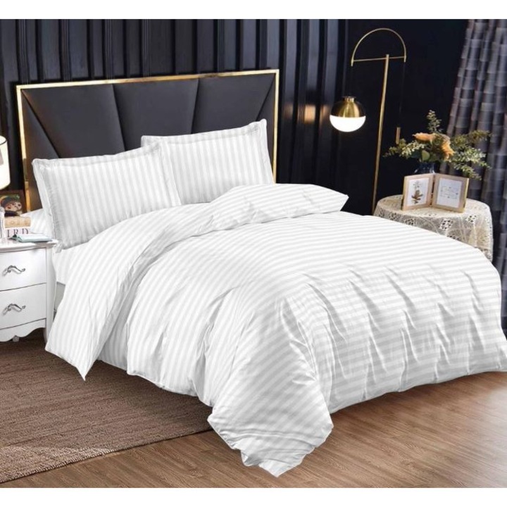 Двойно спално бельо, чаршаф с ластик, Дамаск, 4 части, 1 лице, 140x200см, Бял