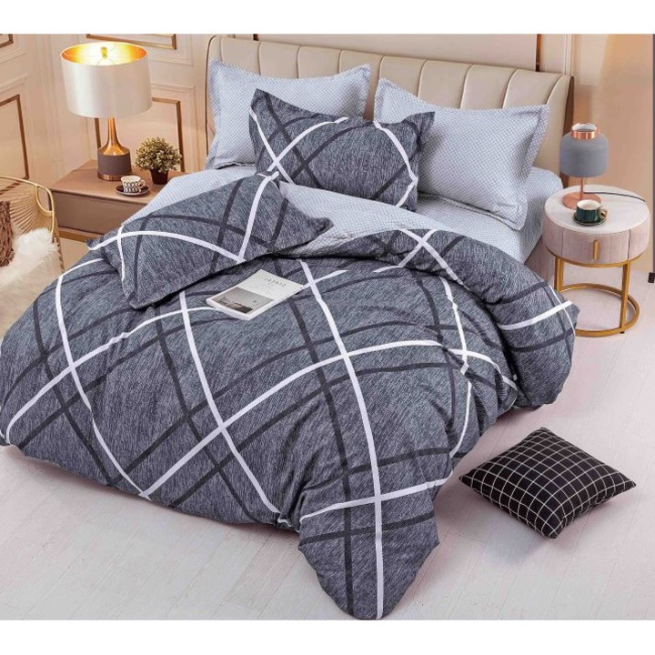 Lenjerie de pat, Jojo Home, Imprimeu Carouri, 6 piese, 2 persoane, 245x250cm, Finet Superior, Non Culori