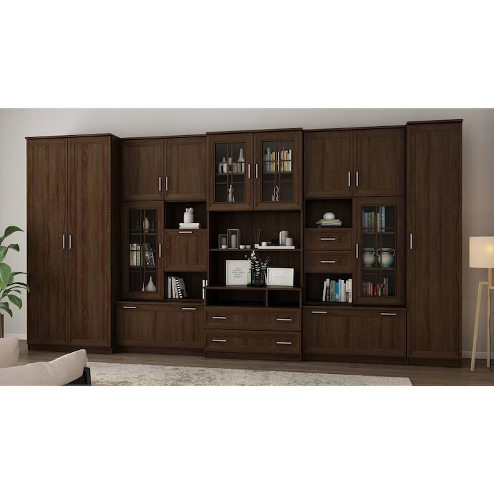 Set mobila biblioteca din lemn, Meblast, Lena, 405 cm x 210 cm x 53 cm, dublu laminat, 18 mm, banda decorativa MDF sau Smooth, 14 usi, 4 sertare, Sonoma Dark