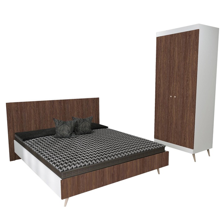 Set dormitor scandinav THOR 01, pat 140x200, dulap, Carcasa PAL Alb, Fete PAL Lemn Antichizat 08, Manere Buton fag, Balamale cu amortizare, Picioare fag, Tablie Netapitata