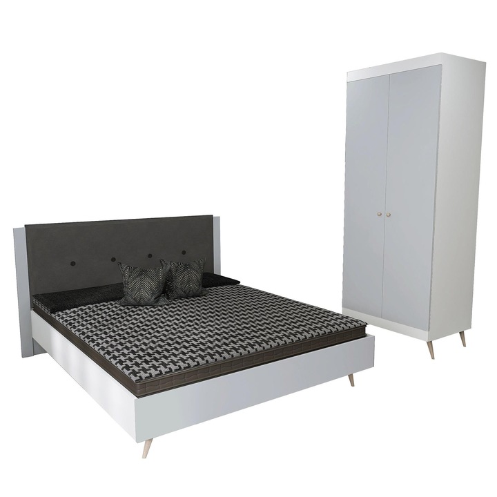 Set dormitor scandinav THOR 01, pat 140x200, dulap, Carcasa PAL Alb, Fete PAL Gri Piatra, Manere Buton fag, Balamale cu amortizare, Picioare fag, Tablie Tapitata