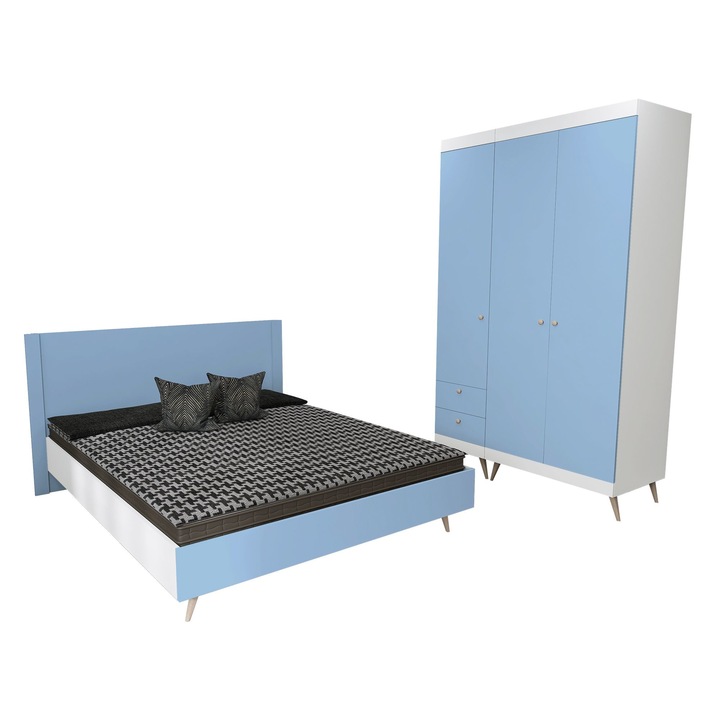 Set dormitor scandinav THOR 05, pat 140x200, 2 dulapuri, Carcasa PAL Alb, Fete PAL Surf Blue, Manere Buton fag, Balamale cu amortizare, Picioare fag, Tablie Netapitata